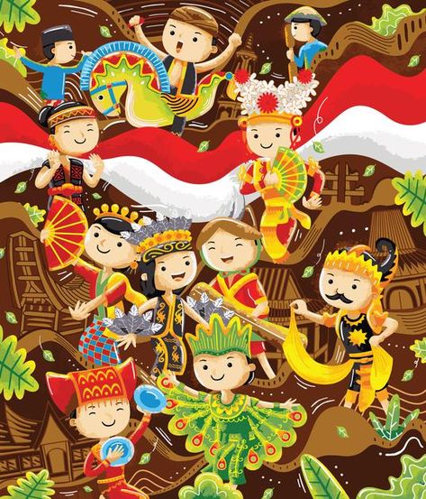 Malaysia Culture Illustration, Culture Illustration, 17 August, Indonesian Art, Traditional Culture, Illustration Cute, Cute Character, Up Book, Art Drawings For Kids