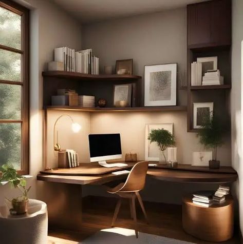 Home Office With Corner Desk Ideas, Corner Desk And Shelving, Corner Home Office Desk, Small Living Room Ideas Apartment With Computer Desk, Office Decor Corner Desk, Desk And Library Work Spaces, Angle Desk Ideas, Office Interior Design With Window, Office Nook Ideas Small Workspace Corner Desk