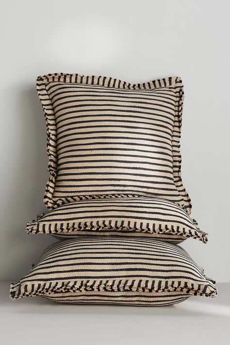 Luxe Linen Blend Pillow | AnthroLiving Grey White Throw Pillows, Southwestern Pillows Living Rooms, Mixed Print Living Room, Striped Pillows Living Room, Small Lumbar Pillow For Chair, Linen Home Decor, Black And White Throw Pillow, Striped Throw Pillows, Fun Pillows For Couch