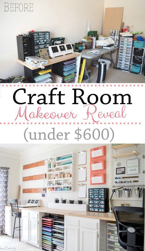 Craft Room Makeover Reveal - From No! to Wow! for under $600. Includes craft supply storage ideas on the wall and full DIY tutorials coming soon Craft Table Island, Craft Room With Futon, Modular Storage Furniture, Craft Room With Daybed, Basement Workspace, Audio Illustration, Crafting Organization, Organizing Crafts, Vintage Bungalow