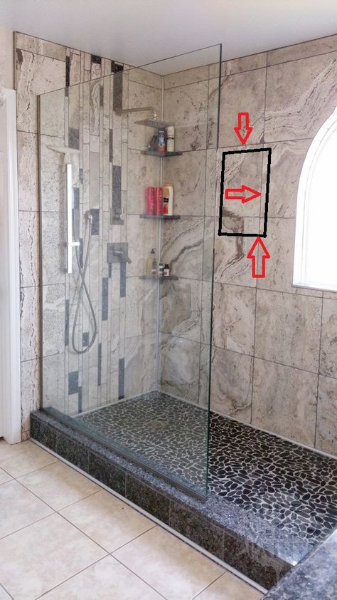 Natural Stone Interior, Tile Shower Shelf, Shower Storage Solutions, Shower Corner Shelf, Tile Walk In Shower, Corner Storage Shelves, Shower Renovation, Stone Shower, Shower Columns