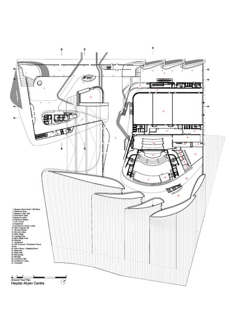 Ground Floor Plan -> Heydar Aliyev Center / Zaha Hadid Architects Cinema Plan, Zaha Hadid Plan, Heyder Aliyev Center, Architect Zaha Hadid, Zaha Hadid Interior, London Aquatics Centre Zaha Hadid, Heydar Aliyev Center, Complex Building, Zaha Hadid Heydar Aliyev Centre