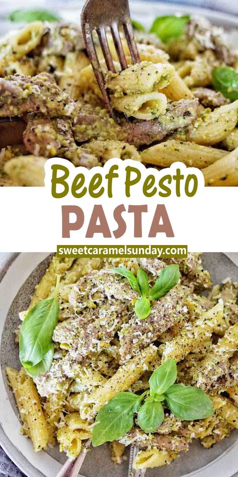 Fork being pushed into beef pesto pasta in grey bowl with text written between 2 images. Beef Pesto Recipes, Ground Beef Pesto Recipes, Pesto Beef Recipes, Beef And Pesto Recipes, Pesto Ground Beef, Beef Pesto Pasta, Steak And Pesto Pasta, Steak Pesto Pasta, Pasta With Steak Recipes