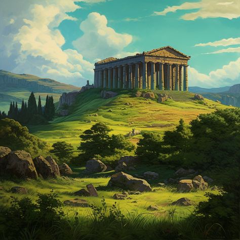 Dog Olympics, Zeus Temple, Temple Of Zeus, Greek Temple, Fantasy Rooms, Temple Art, Green Hills, Greek God, Greek Gods