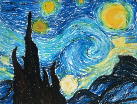 Oil pastel starry night ♡ Canvas Oil Pastel Ideas, Oil Pastel Van Gogh, Starry Night Reference, Starry Night Simple Drawing, Starry Night Oil Pastel, Oil Pastel Art Tutorials, Night Sky Drawing Oil Pastel, Starry Night Marker Drawing, Famous Oil Pastel Paintings