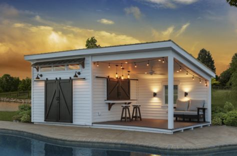 10 x 20 modern pool house Outdoor Pool House Cabanas, Pool And Poolhouse, Pool House Cabana Ideas, Pool Cabana With Storage, Shed To Pool House Conversion, Pool House Gym Combo, Pool Shed Storage Ideas, Farm Pool House, Small Pool Houses Sheds