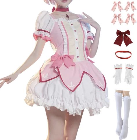 【NCLUDING】dress + gloves + headdress + tie + side waist bow+socks+neck accessories 【MATERIAL】--The Magi Madoka Magica Cosplay Costume is made of high quality fabric, which is comfortable to wear. 【DESIGN】Magi Madoka Magica dress, highly restored the image of anime characters,you can have a real experience. 【OCCASION】Madoka Costume is suitable for Cosplay, Halloween, Anime show, Theme Party, carnival, Comic-Con, stage performances, this is a good gift for Anime lovers,friend,family. 【SIZE】--Befor Madoka Magica Cosplay, Bow Socks, Homura Akemi, Model Legs, Costume Anime, Pink And White Dress, Outfit Halloween, Uniform Dress, Neck Accessories