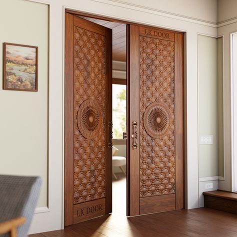 LK 202 Elevate your entrance with this solid wood double door, designed to impress with its robust craftsmanship and classic elegance. Perfect for making a grand statement, it adds both beauty and durability to your home. 🌟🏠✨  📞 (+91) 8447141141  #DoubleDoor #SolidWood #ClassicElegance #GrandEntrance #DurableCraftsmanship #HomeDecor #InteriorDesign #LKDoor #QualityMaterials Main Door Design Double Doors, Main Door Design Entrance Modern Double, Teak Main Door Design Entrance, Double Door Design Wood Modern, Front Double Door Design Wood, Main Double Door Design Wood, Front Double Door Design Wood Modern, Latest Main Door Design Entrance, Main Door Double Door Designs