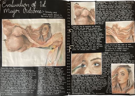 A2 Fine Art A3 Black Sketchbook Outcome Evaluation Pages Component 1 Change and or Stability Thomas Rotherham College 2020 Textiles Evaluation Page, Art Evaluation Sketchbook, Art Evaluation, Black Sketchbook, Art Presentation, Textiles Sketchbook, Gcse Art Sketchbook, Art Textiles, Diary Ideas