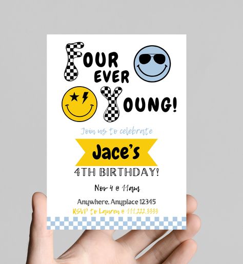 FOUR EVER YOUNG boy 4th birthday party invitation, black and white, smiley face, sunglasses, edit and printable, digital 4th Boys Birthday Party Ideas, Four Themed Birthday Party Boy, 4 Birthday Theme Boy, 4 Birthday Party Boy, 4 Ever Young Party Theme, 4th Boy Birthday Ideas, Four Ever Young Party Theme Boy, 4th Birthday Party For Boys Theme, Fourth Birthday Boy Theme