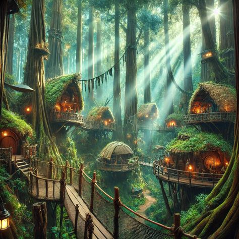 High above the jungle floor, the people of Ursa have built a village among the branches. Wooden huts with thatched roofs blend seamlessly with the towering trees, connected by sturdy bridges that sway gently in the wind. A testament to living in harmony with nature, this treetop village thrives on its rich surroundings... #Treehouses #ForestLiving #EcoCommunity #NatureHarmony #worldbuilding #fantasyart Village In Trees, Ewok Village Treehouse, Village In The Trees, Treehouse With Bridge, Jungle Village Fantasy Art, Jungle House Concept Art, Tree Village Concept Art, Fantasy Jungle Village, Fantasy Treehouse Village