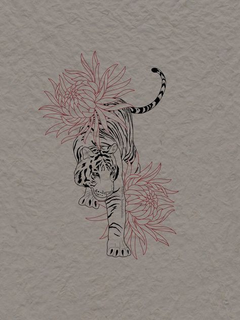 Tiger With Hibiscus Tattoo, Spine Tattoos Animals, Tiger Tattoo For Women With Flowers, Lion And Hummingbird Tattoo, Tiger Tattoo With Cherry Blossoms, Suspicious Minds Tattoo, Spine Tattoos For Women Tiger, Asian Mythology Tattoo, Year Of The Tiger Tattoo For Women