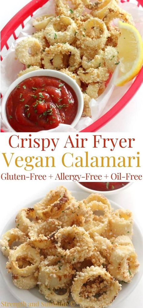 Vegan Calamari, Air Fryer Vegan, Calamari Recipe, Calamari Recipes, Hearts Of Palm, Air Fry Recipes, Vegan Appetizers, Air Fryer Recipes Healthy, Calamari