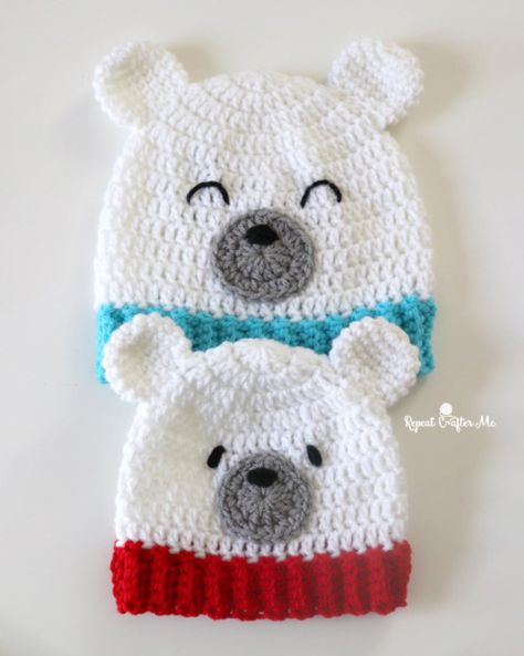 Crochet Polar Bear Beanie - Repeat Crafter Me Crochet Infant Bear Hat Free Pattern, Crochet Snowman Hat Free Pattern, Boys Crochet Hat, Crochet Earmuffs, Crocheting Hats, Bear Hat Pattern, Crochet Bear Hat, Crochet Characters, Children Hats