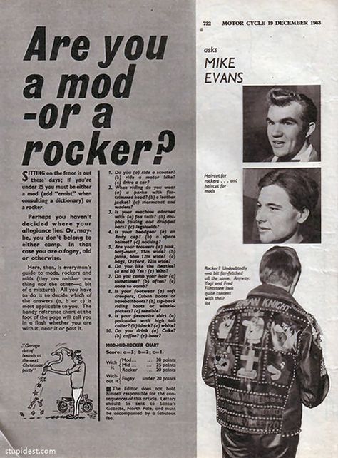 Are You a Mod or a Rocker?: Very Vital Quiz from 1963 Music Nostalgia, General Aesthetic, Youth Subcultures, Mod Scooter, Rocker Look, Swinging 60s, Teddy Boys, Swinging Sixties, Musica Rock