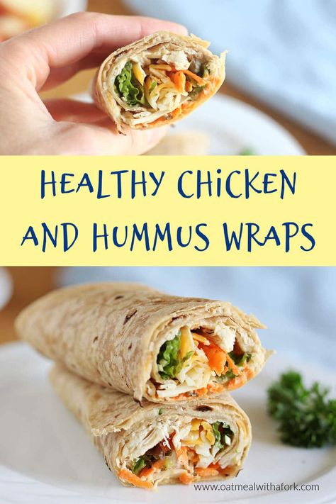 These easy to make wraps make a delicious, yet light meal. They're great for packing in lunches and can be customized to each person's liking. Chicken Hummus Wrap, Chicken And Hummus, Hummus Wraps, Chicken Hummus, Hummus Wrap, Spinach Tortilla, Peanut Butter Oatmeal Cookies, Healthy Oatmeal, Hummus Recipe