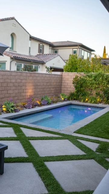 Side Pool Backyards, Tiny Yard With Pool, Small Backyard With Pool And Turf, Small Pools Ideas, Shallow Backyard Pool, Spool Pool Ideas Small Yards, Small Side Yard Pool Ideas, Pools In Small Yards, Backyard With Spool