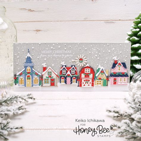 Christmas Village Card, Die Cut Christmas Cards, Summer Cabins, First Christmas Card, Winter Village, Holiday Stamping, Honey Bee Stamps, Bee Cards, Happy Tree