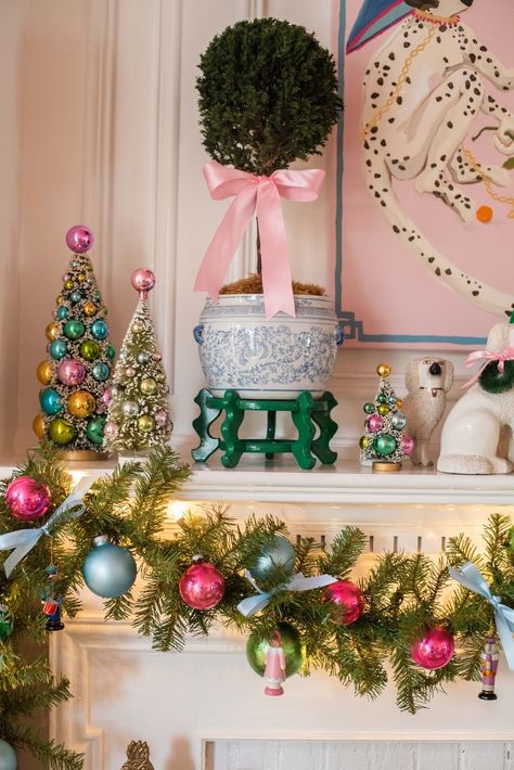 Decorating The Mantle For Christmas, Christmas Decor Mantel Ideas, Red Green White Christmas Decor, Christmas Tree Taller, Pink Red Green Christmas Decor, Pink Blue Christmas Decor, Red Green And Pink Christmas Decor, Blue Pink Christmas, Christmas Mantel With Stocking Ideas