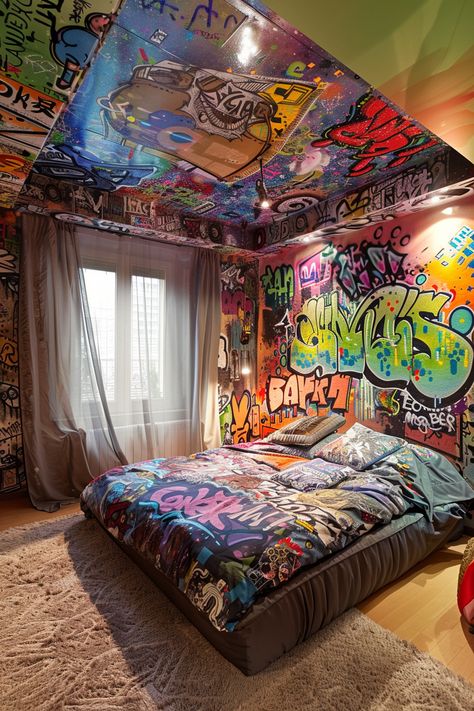 13 Trendy Street Style BedRoom Ideas for an Urban Look - DreamyHomeStyle Street Style Bedroom Ideas, Crazy Room Decor, Room Ideas Street Style, Room Street Style, Graffiti Bedroom Ideas, Bedroom Mural Ideas, Urban Room Decor, Street Style Bedroom, Style Room Ideas