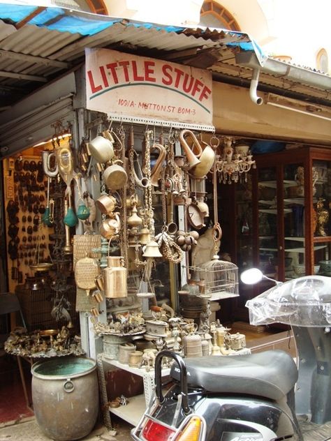 Little Stuff - one of my favourite shops in Mutton Street, Chor Bazaar. They have brass kettles, brass tiffins, old measure weights, and several other interesting things. Chor Bazaar, Hindu Statues, My Favourite, Mumbai, India, Brass