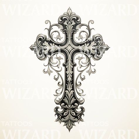 Discover the essence of intricate beauty with our Baroque Cross tattoo design. This black & grey masterpiece elegantly intertwines swirls and ornamental details, creating a mesmerizing symbol of devotion. Handcrafted by renowned tattoo artist John, embrace the divine grace with this religious-inspired artwork. Perfect for those seeking spiritual expression.Tattoo Stencil After purchasing this unique tattoo design, you'll receive a high-quality stencil that you can bring to your tattoo artist whe Cross Gothic Tattoo, Gothic Cross Design, Cool Cross Designs, Ornate Cross Tattoo, Ornamental Cross Tattoo, Unique Religious Tattoos, Gothic Cross Drawing, Rosery Beads Tattoo, Baroque Tattoo Design