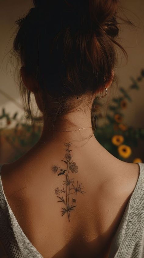 Flower tattoo back skin neck. | premium image by rawpixel.com / saturday Flower Back Neck Tattoo, Woman Back Of Neck Tattoo, Women’s Back Neck Tattoo, Back Of Neck Floral Tattoo, Plant Tattoo Behind Ear, Pretty Back Tattoos For Women Spine, Tattoos For Back Of Neck, Back Of Neck Tattoo Flower, Women Back Of Neck Tattoo