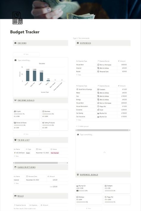 A notion template to plan & manage all your expenses & income. It is an all in one template containing finance tracker as well as budget planner. This contains sections like :- Income (graph view), Monthly Expense tracker, Subscription tracker, Income goals (To achieve your financial goals), Expenses goals, Account overalls (To keep track of all the platforms you are using {accounts tracker)}, To-list template. Download this free template now & start planning your budget, tracking your money 💰 Monthly Expense Tracker, Subscription Tracker, Financial Budget Planner, Goals To Achieve, Personal Budget Planner, Budget Spreadsheet Template, Budget Planner Free, Free Planner Templates, Weekly Budget Planner