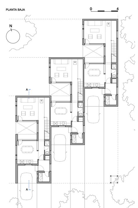 The project is located on a plot along a low density residential street in Villa La Angostura, Argentina. The goal is to achieve a higher density in the area, without intention of creating an urban street section, by encouraging the construction of new... House In Row, Houses In A Row, Row House Design, Row Houses, Townhouse Designs, Architectural Floor Plans, Villa Plan, Narrow House, Patagonia Argentina