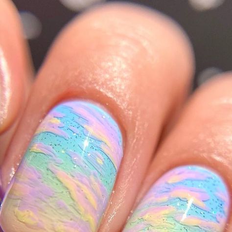 Karenna ✨ on Instagram: "*pr sample/paid* Holo!! @holotaco just dropped their new Pastel Cremes and they're ADORABLE!! 💕 I’ve been incredibly lucky enough to have the chance to work with these polishes and make a cute nail art. These colors reminded me so much of a pastel sky, and that’s what I tried to recreate on my nails! ☁️ The clouds were very fun to do, and I LOVE the extra effect that Scattered Holo Taco has with these nails! I wanna extend a BIG thank you to @simplynailogical and the @h Pastel Sky Nails, Blending Nail Polish, Pastel Cloud Nails, Opal Nail Art, Holo Taco Nail Polish, Holo Nail Art, Holo Taco Nails, Simplynailogical Nails, Vaporwave Nails