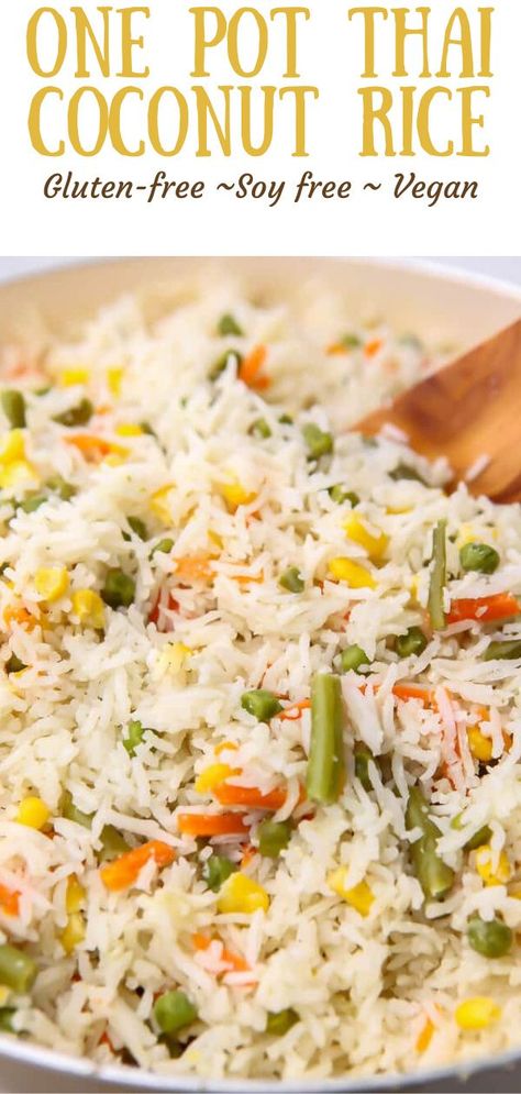 This simple Thai coconut rice with green curry and veggies is a creamy, delicious, comfort food made easy in 1 pot in less than 30 minutes Thai Coconut Rice, Vegan Rice Dishes, Rice With Veggies, Coconut Rice Recipe, Rice Recipes Vegan, Thai Curry Paste, Vegan Rice, Easy Rice Recipes, Thai Coconut