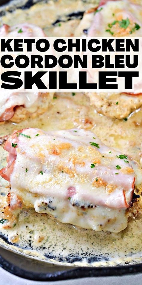 Keto Chicken Cordon Bleu Skillet - This keto chicken cordon bleu skillet is a complete family dinner. There are just 4 grams net carbs in each serving – leaving you plenty of carbs for sides. #keto #Ketorecipes #ketodiet #ketochickencordonbleu #chickencordonbleu #cordonbleu #chickenskillet #chickenrecipes #dinner #food #recipes Chicken Cordon Blue Healthy, Keto Dinner Chicken Recipes, Easy Keto Main Dish Recipes, Chicken Cordon Bleu Low Carb, Low Carb Blue Cheese Recipes, Savory Keto Dinners, Keto Cordon Bleu Chicken, Gourmet Keto Dinner Recipes, Chicken Cordon Bleu Skillet