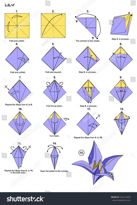 Origami Flower Lily Instructions Steps Stock Illustration 433216609 Origami Lily, Easy Origami Flower, Origami Flowers Tutorial, Flower Origami, Vika Papper, Creative Origami, Origami Step By Step, Origami Diagrams, Tutorial Origami