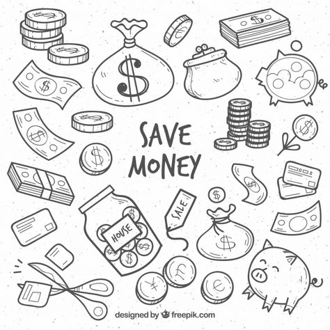 Collection of sketches of elements relating to money Free Vector Business Drawing Ideas, Drawing Of Money, Money Drawing Sketches, Rich Drawing, Money Sketch, Money Doodle, Business Drawing, Money Design Art, رسم كاريكاتير