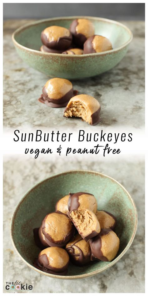 Peanut Free SunButter Buckeyes (Vegan) Sunflower Butter Recipes, Sunbutter Recipes, Nut Free Desserts, Allergy Friendly Desserts, Allergy Recipes, Dairy Free Treats, Low Histamine, Nut Free Recipes, Healthy Vegan Desserts