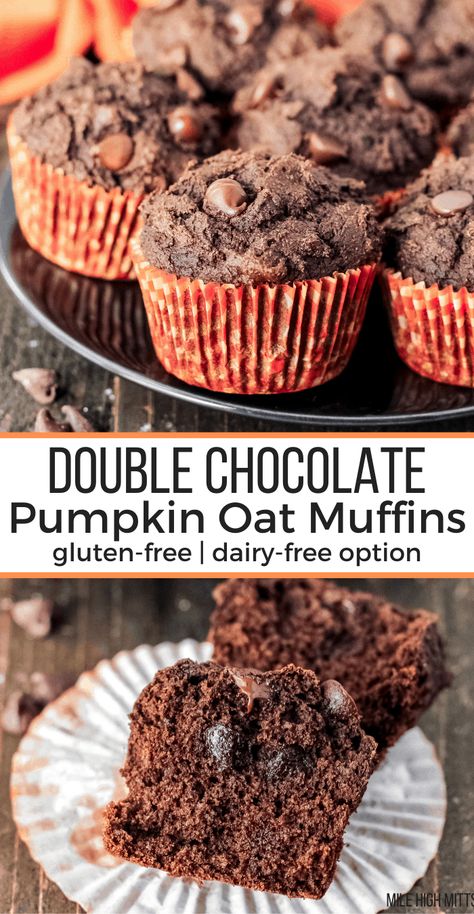 Healthy Chocolate Breakfast, Pumpkin Oat Muffins, Healthy Fall Breakfast, Gluten Free Dairy Free Muffins, Brunch Bites, Healthy Chocolate Muffins, Pumpkin Oatmeal Muffins, Chocolate Pumpkin Muffins, Oat Flour Recipes