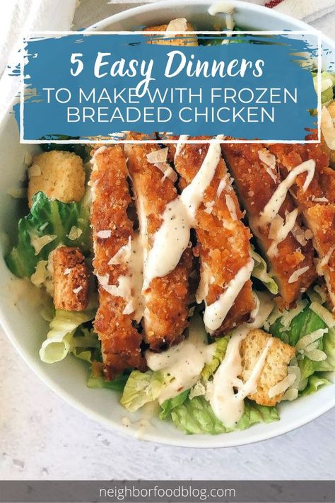 Have you got a bag of frozen breaded chicken in the freezer? Here are 5 easy and creative ways to turn breaded chicken into dinner! Dinner Ideas With Breaded Chicken, Meals With Breaded Chicken, What To Make With Breaded Chicken, Recipes With Breaded Chicken Patties, Recipes Using Breaded Chicken Patties, Tyson Panko Breaded Chicken Recipes, Meals With Chicken Patties, Frozen Breaded Chicken Tenders Recipes, Frozen Chicken Finger Recipes