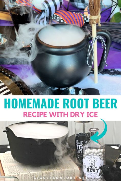 Root Beer Cauldron. With Text Reading: Halloween Witches Brew Homemade Root Beer. Root Beer Dry Ice, Dry Ice Recipes, Dry Ice Root Beer Recipe, Root Beer Homemade, Home Made Root Beer Recipe, Dry Ice Root Beer, Fun Things To Do With Dry Ice, Homemade Root Beer With Dry Ice, Homemade Rootbeer Dry Ice