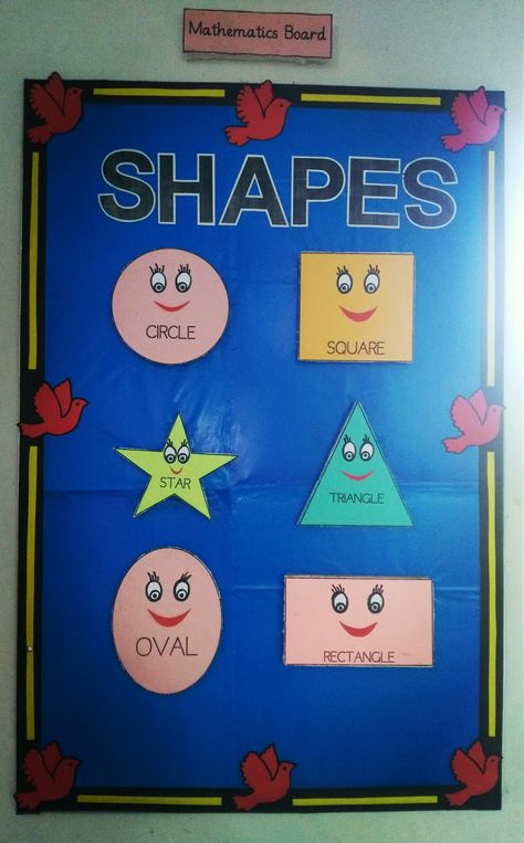 This Mathematics board shows the concept of basic shapes. Circle, Square, Star, Triangle, Oval and Rectangle. Students can learn the name of the shapes through this colourful board. Mathematics Day Board Decoration, Shapes Chart For Classroom, Shapes Chart For Kindergarten, Numeracy Corner, Nursery Class Decoration, Maths Project, Kindergarten Decorations, Shapes Kindergarten, Shape Chart