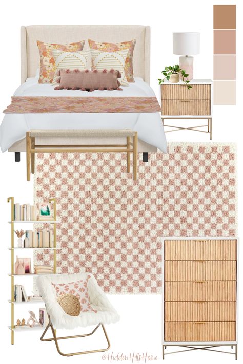 Teen girls boho bedroom decor mood board with pink and orange color tones! Blush Pink Teen Bedroom, Girls Boho Room Ideas, Teen Bedroom Mood Board, Boho Bedroom Girl Rooms, Preteen Girls Room Decorating Ideas, Neutral Girls Bedroom Ideas, Teenage Girl Bedrooms Boho, Teen Girls Boho Bedroom, Rattan Girls Bedroom