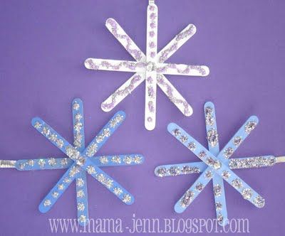 Glitter Snowflakes & Stars {Popsicle Stick Ornaments} « Mama Jenn {the blog} Xmas Stars, Stick Ornaments, Popsicle Stick Ornaments, Popsicle Stick Snowflake, Wooden Craft Sticks, Glitter Snowflakes, Popsicle Crafts, Christmas Tree Star, Clear Ornaments