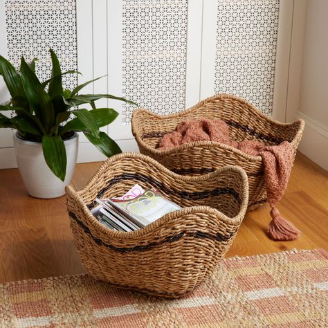 Dana Water Hyacinth and Rattan Wicker Wavy Basket - World Market Rattan Vase, Laundry Hamper With Lid, Towel Organization, Seagrass Basket, Wire Storage, Woven Baskets Storage, Handmade Baskets, Water Hyacinth, Print Coupons