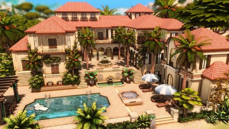 Sims 4 Colonial Mansion, Sims Spanish Villa, Sims 4 Villa, Sims 4 Mansion, Italian Mansion, Mediterranean Mansion, House Mediterranean, Colonial Mansion, Colonial Homes