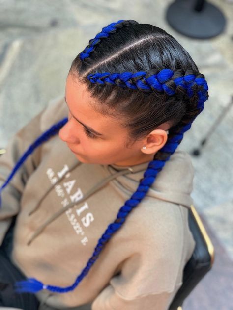 Double Dutch Braid With Extensions, 2 Braids With Color Weave, Two French Braid With Extensions Hair Colors, Double Dutch Braids With Extensions, Braids Hairstyles With Extensions, Colored Dutch Braids, French Braids With Color Extensions, Dutch Braid With Color Extensions, Braids With Blue Hair