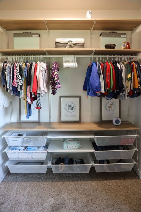 IKEA BOAXEL Closet System Reveal - HOMEGROWN with GRACE Dressing Boaxel Ikea, Boaxel Ikea Walk In Closet, Family Closet Ideas, Ikea Boaxel Closet Ideas, Boaxel Closet System, Boaxel Ikea Ideas, Diy Open Closet, Boaxel Closet, Boaxel Ikea