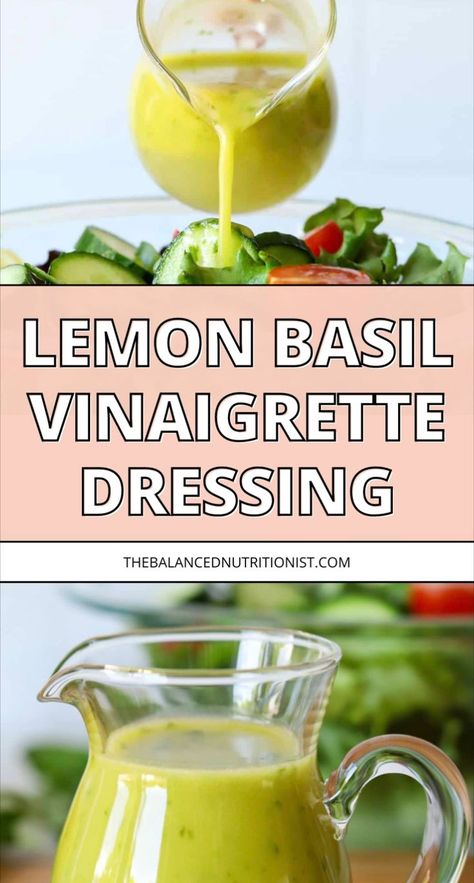 Try this lemon basil vinaigrette, a dressing that's perfect for salad and pasta salad. Enjoy it on chicken for a refreshing meal. Made with honey, lemon, olive oil, and fresh basil, it's the best lemon vinaigrette. This fresh lemon vinaigrette is the ultimate basil lemon vinaigrette for all your dishes! Lemon Basil Vinaigrette Dressing, Lemon Vinegrette, Basil Vinaigrette Dressing, Lemon Vinegarette, Kale Salad Dressing, Lemon Basil Vinaigrette, Garlic And Olive Oil, Lemon Salad, Basil Vinaigrette