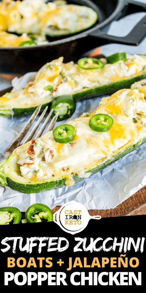 Popper Casserole, Chicken Cream Cheese, Zucchini Boat Recipes, Stuffed Zucchini Boats, Popper Chicken, How To Cook Zucchini, Jalapeno Popper Chicken, Cheese Cheddar, Stuffed Zucchini