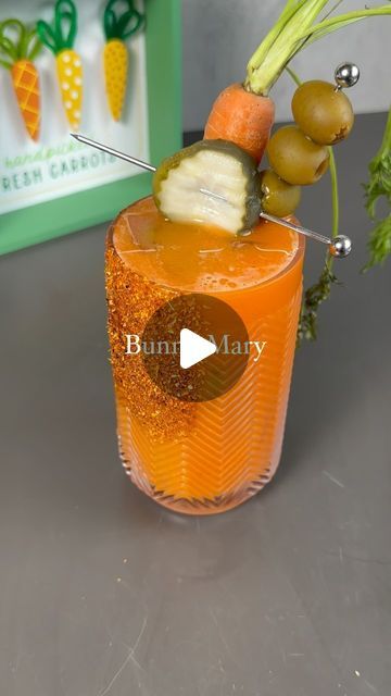 1.2M views · 37K likes | Danica Frye l cocktails + mocktails on Instagram: "If you like Bloody Marys, you’re going to LOVE this Bunny Mary! Maybe I’m biased, but I think it’s absolutely perfect for Easter brunch 🐰

I swapped the classic tomato juice for homemade carrot juice, and it’s got the perfect amount of zing to it 🥕

Comment GLASS and I’ll dm you the link to everything I used here. 

Recipe:
1/2 cup carrot juice*
2 oz vodka
1/2 oz dill pickle juice
1/2 oz lemon juice
2 dashes Worcestershire sauce
Dash hot sauce (or more, to taste)
1/2 tsp celery salt
1/4 tsp black pepper

I garnished my glass by brushing the side with chamoy, then sprinkling tajin on it.

*you can totally use store bought carrot juice. But if you want to make yours at home, here’s what I did:

Peel and chop carrot Bunny Mary, Whiskey Carrots, Carrot Mimosa, Carrot Cake Martini Recipe, Bunny Cocktail, Bunny Mary Cocktail, Easy Brunch Recipes, Pickle Juice, Carrot Juice