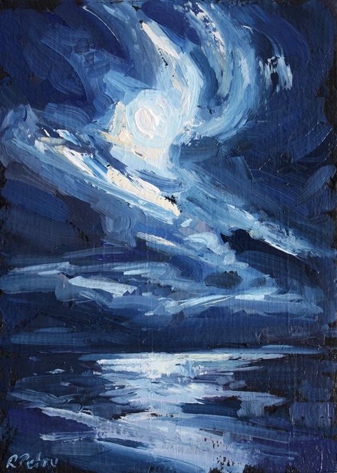 moon over the ocean 5x7″ oil on cradled panel7/8" inch deep original oil painting Moon Over The Ocean Painting, Moon Sea Painting, Moon Ocean Painting, Ocean Painting Aesthetic, Dark Ocean Painting, Acrylic Night Sky, Moon Over The Ocean, Moon Oil Painting, Ocean Acrylic Painting