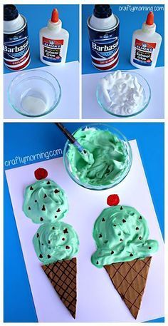 Puffy Paint Ice Cream, Ice Cream Cone Craft, Mint Chocolate Ice Cream, Summer Art Projects, Ice Cream Sundaes, Kindergarten Art Projects, Summer Crafts For Kids, Cones Crafts, Puffy Paint